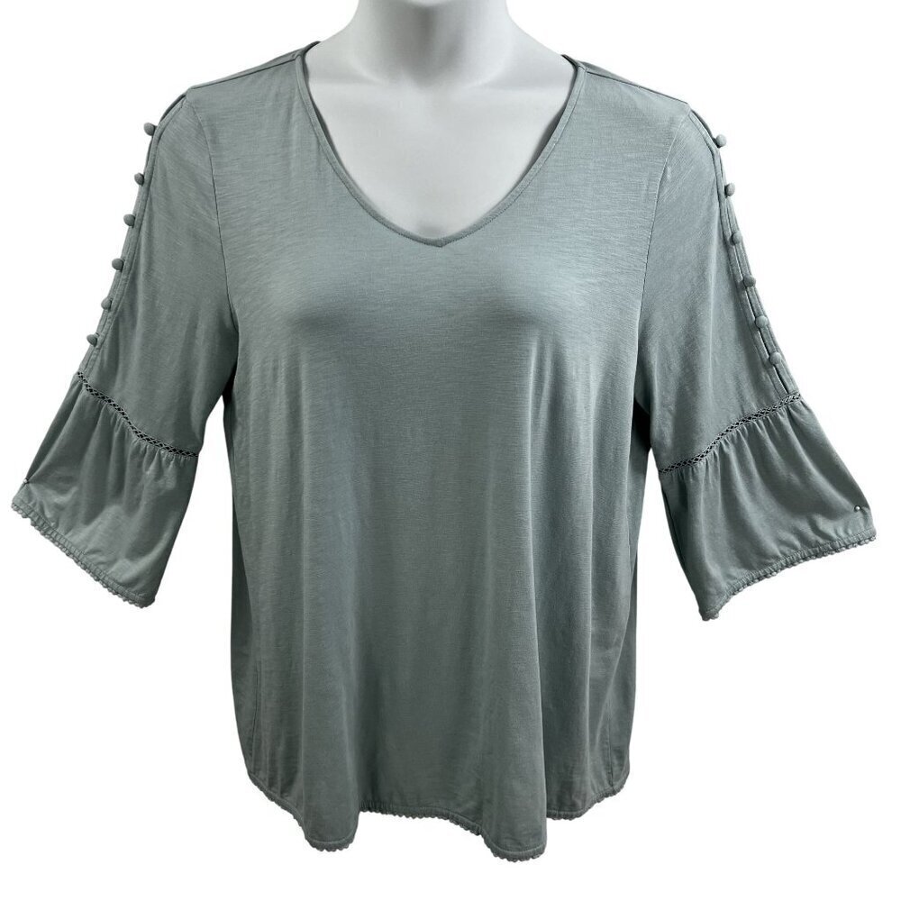 J Jill Womens L Sage Boho Tunic Top Button Detail Sleeves Pom Pom Trim Stretchy